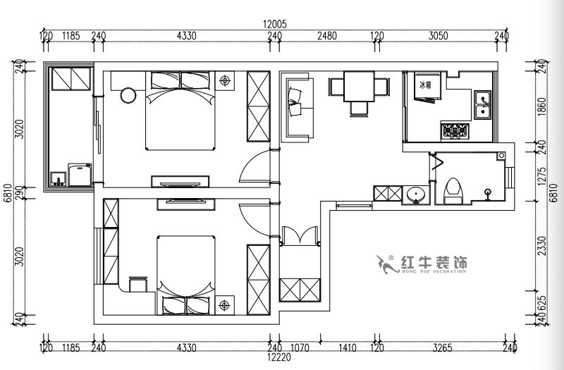 張桐瑋_武定新村41-402-60㎡-簡歐風（fēng）格_2室1廳1衛（老房裝修）_定製家￥83500_全包10萬00_02平（píng）麵布置圖