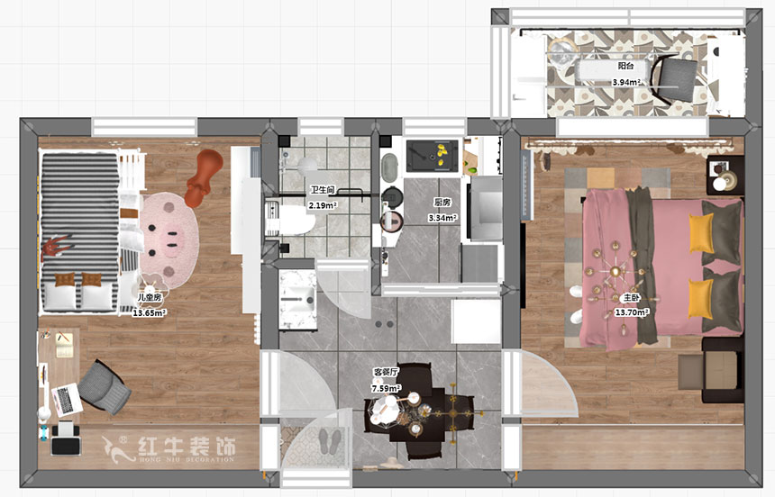 高靈慧｜華新巷16-405-55㎡-北歐風格（gé）｜2室1廳2衛｜老房裝修｜定製家￥100000｜全包10萬（wàn）｜00_03彩平圖