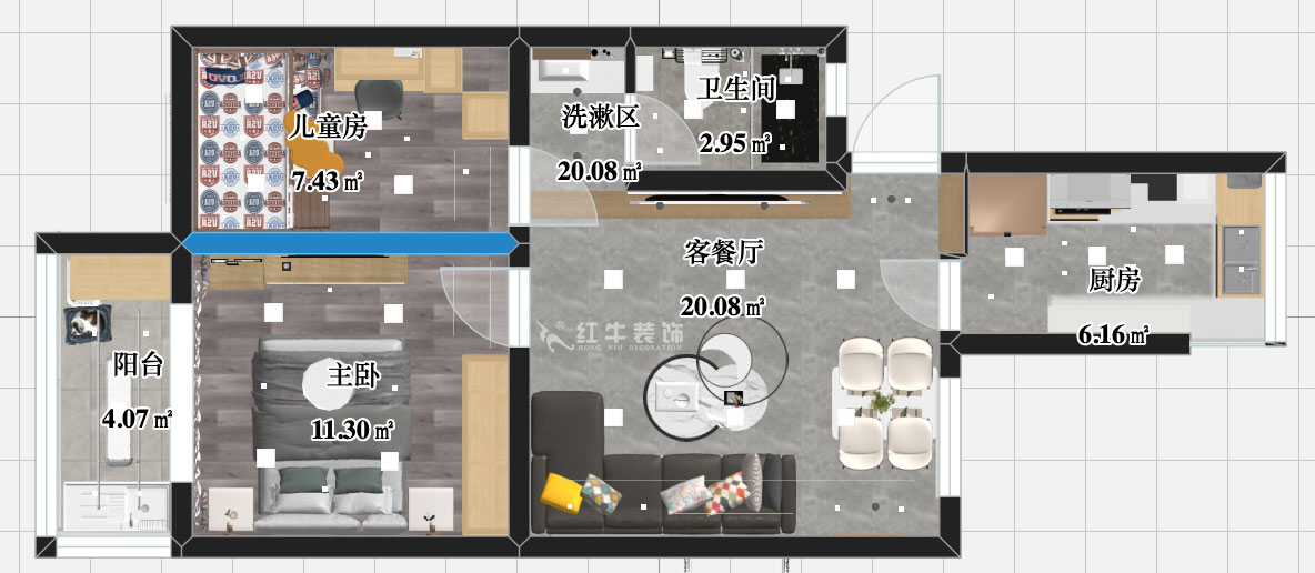 張智（zhì）猿｜銀龍花園1期35-301-60㎡-現代簡約風格｜2室1廳1衛｜老房裝修｜定製家￥120000｜全（quán）包10萬（wàn）｜00_03彩平圖（tú）