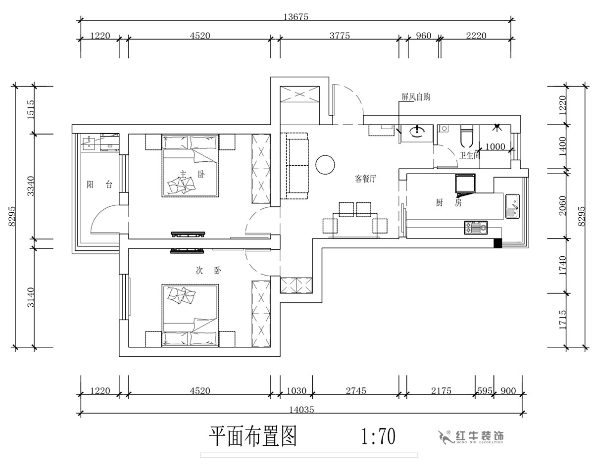 蔣琛｜安泰村21-401-80㎡-現代簡約風格｜2室1廳（tīng）1衛｜舊房裝修｜定製家￥126767｜全包12萬｜00_02平麵布置圖