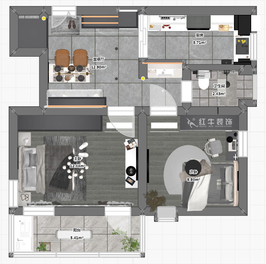 蔣琛｜公園路44號小（xiǎo）區3-204-60㎡-現代簡（jiǎn）約風格｜2室1廳1衛｜舊房裝修｜定製家｜全包10萬｜00_03平麵彩圖