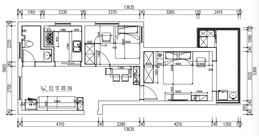 張桐（tóng）瑋｜複成裏15-301-66㎡-現代簡約風格｜2室1廳1衛｜舊房改造｜定製家￥86000｜全包10萬｜00_03家具尺寸圖