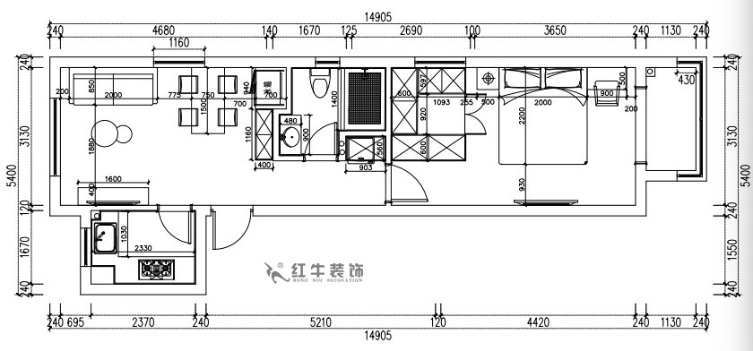 張桐瑋｜紫楊佳園29-2101-59㎡-現代簡約風格｜2室1廳1衛｜新房裝修｜定製家￥89500｜全包（bāo）10萬｜00_03平麵尺寸圖