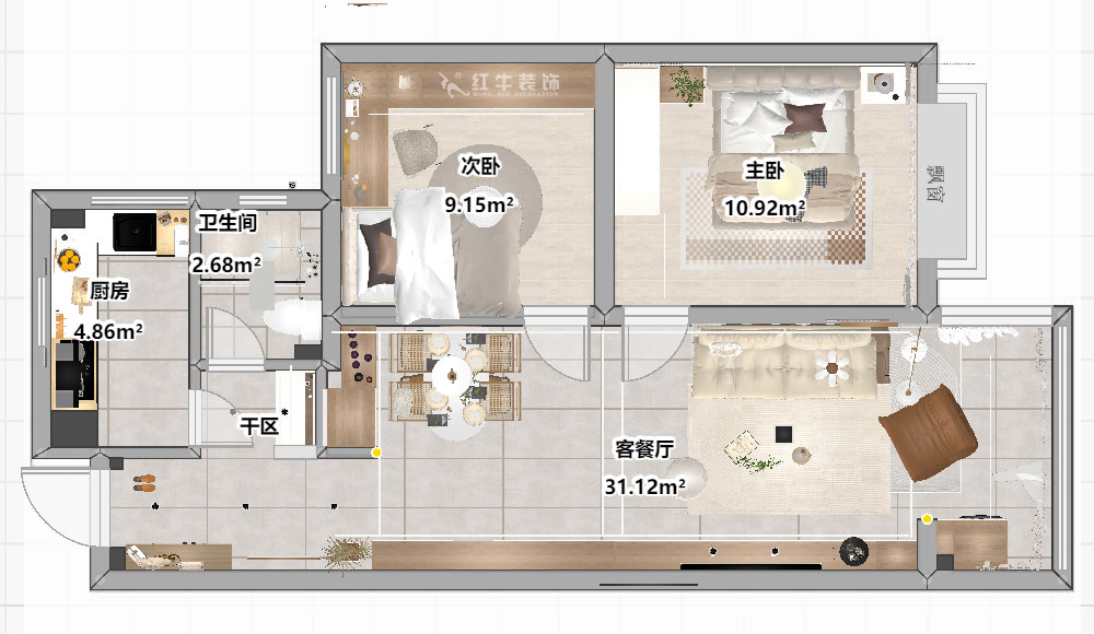 劉曉芳｜觀泓雅苑A區7-5-909-82㎡-原木奶油風｜2室2廳1衛｜新房裝修（xiū）｜定製家｜全包11