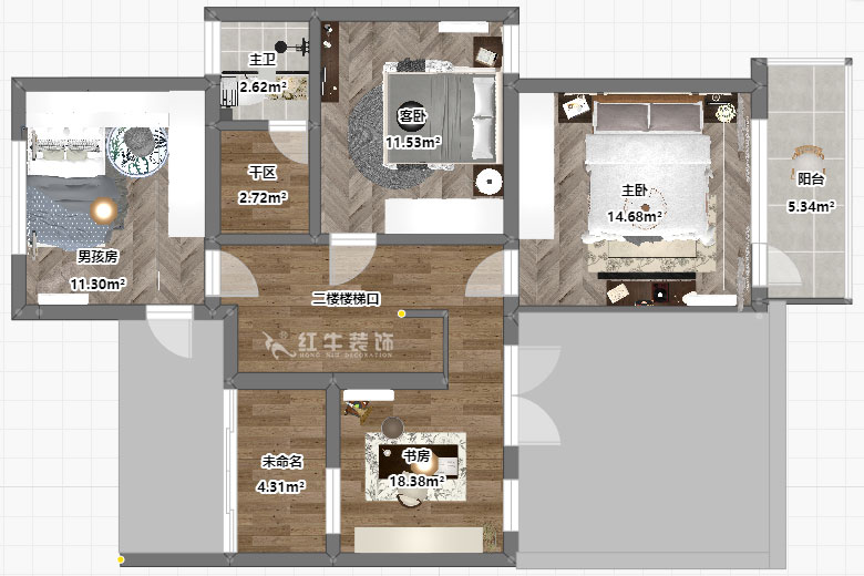 吳波｜翠（cuì）屏國際香樟（zhāng）苑-7-404-124㎡-現代（dài）風格｜3室2廳2衛｜二手（shǒu）房裝修｜定製（zhì）家｜全包17萬｜00_06二樓平麵彩（cǎi）圖