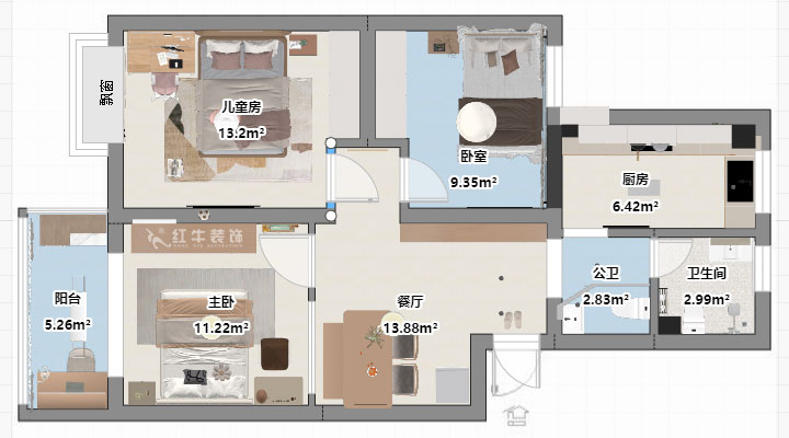 劉曉芳｜江南明（míng）珠33-3-306-84㎡-奶油風格｜3室2廳（tīng）1衛｜老房裝修｜定製家｜全包（bāo）10